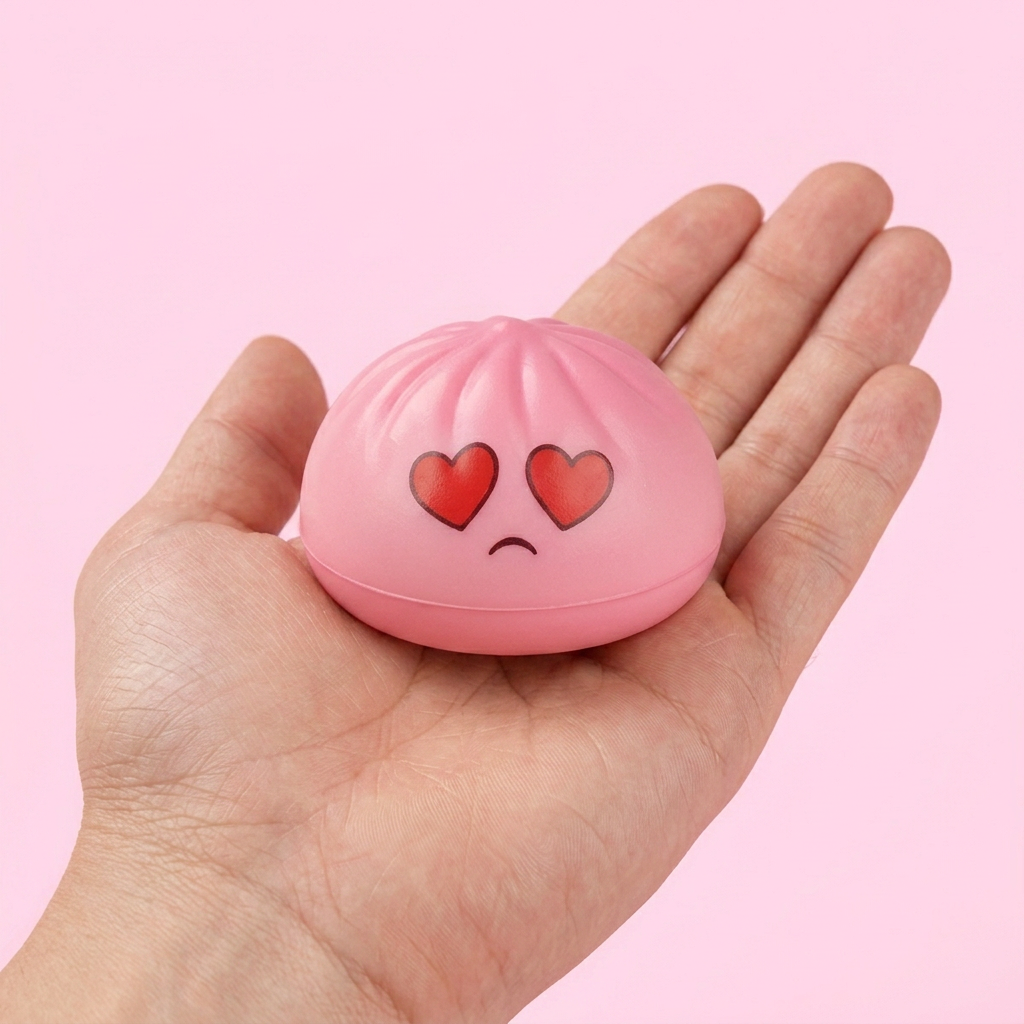 Mini Dumpling Squishy Mystery 3-pack i handen, verklig storlek