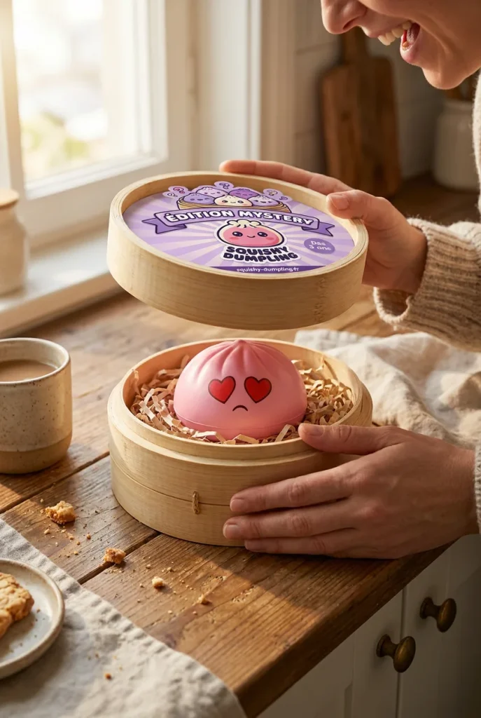 Mini Dumpling Squishy Mystery 3-pack i unboxing-ögonblicket