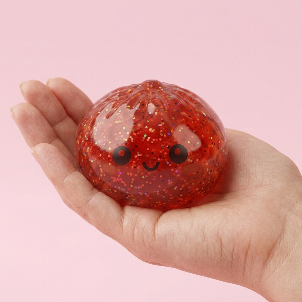 Mini Dumpling Squishy Metallic Glans i handen, verklig storlek