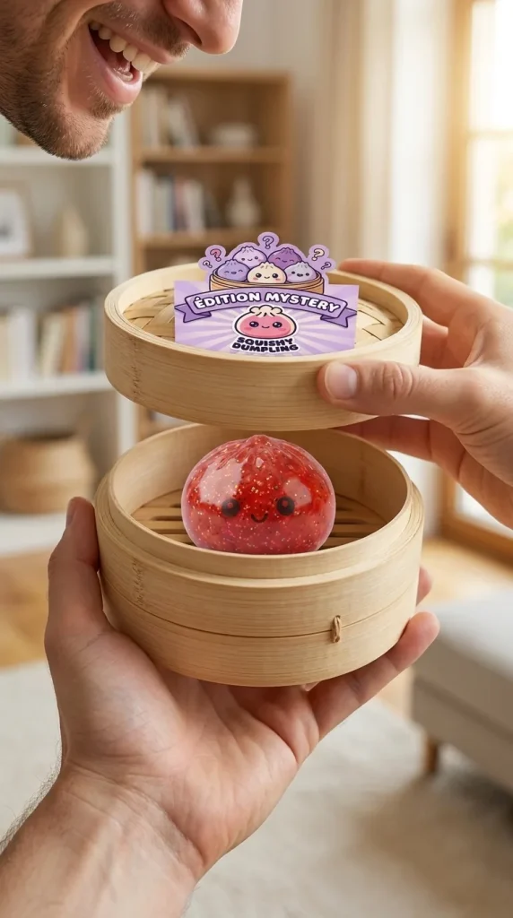 Mini Dumpling Squishy Metallic Glans i unboxing-ögonblicket