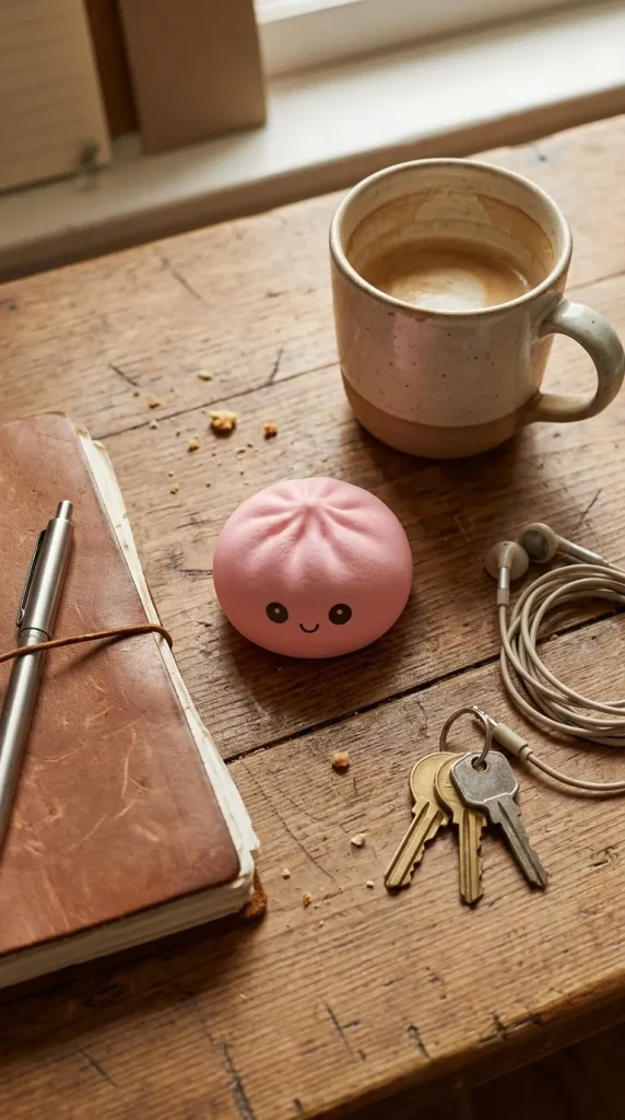 Mini Dumplings Squishy Mystery Överraskningspack på skrivbordet