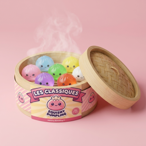 Mini Dumpling Squishy Socker i sin bambu-ångkorg