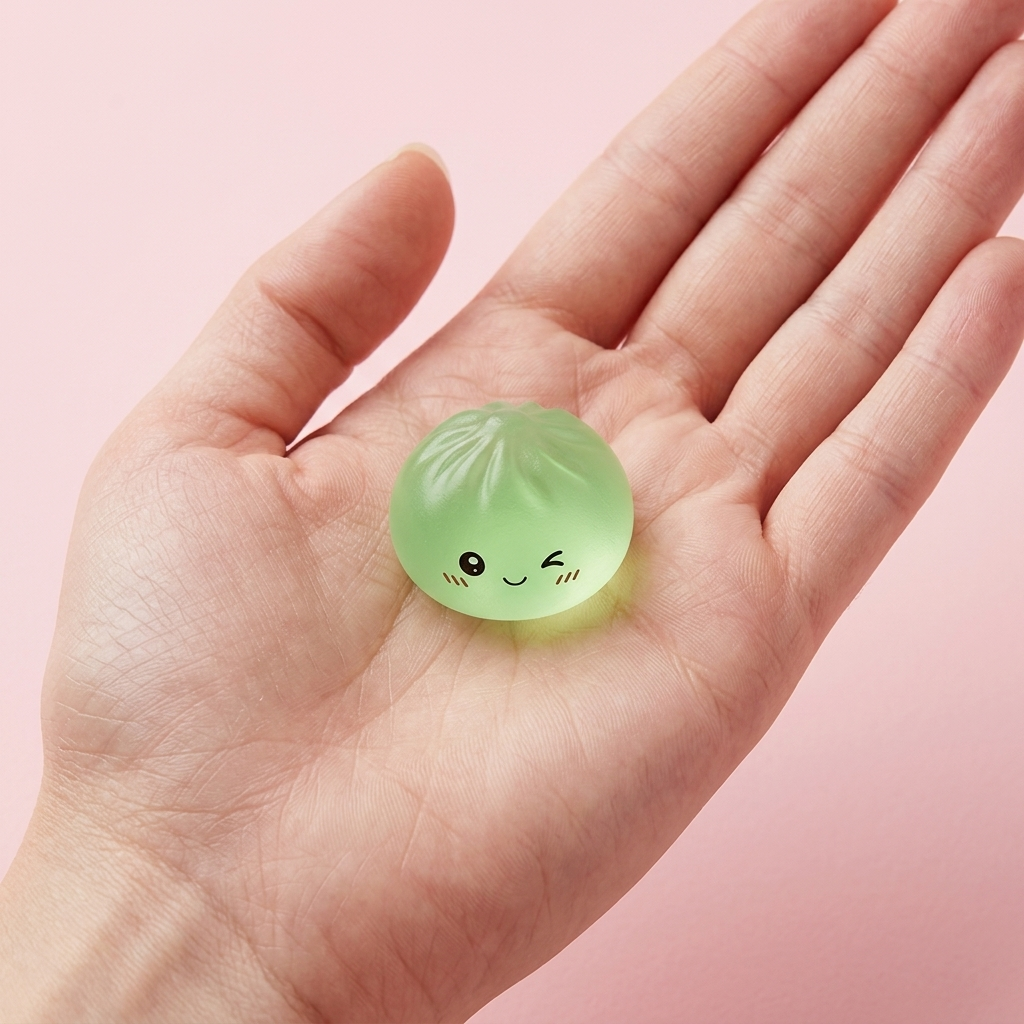 Mini Dumpling Squishy Socker i handen, verklig storlek