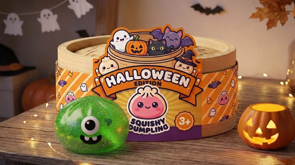 Squishy Dumpling Monster Halloween Grön Glitter i sin kawaii-miljö