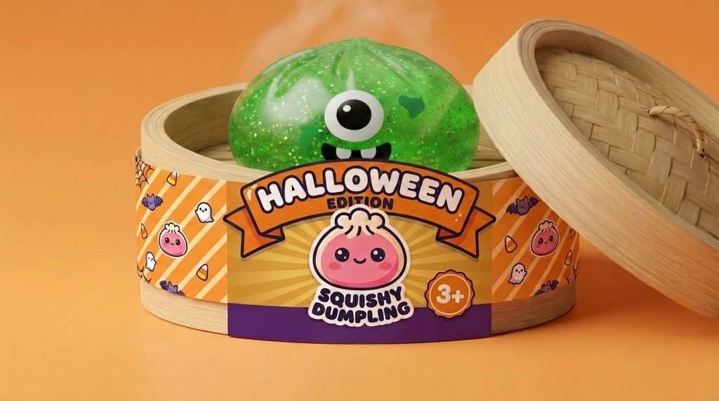 Squishy Dumpling Monster Halloween Grön Glitter i sin bambu-ångkorg