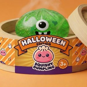 Squishy Dumpling Monster Halloween Grön Glitter i sin bambu-ångkorg