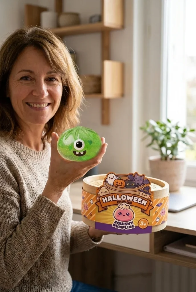 Squishy Dumpling Monster Halloween Grön Glitter med sin ask