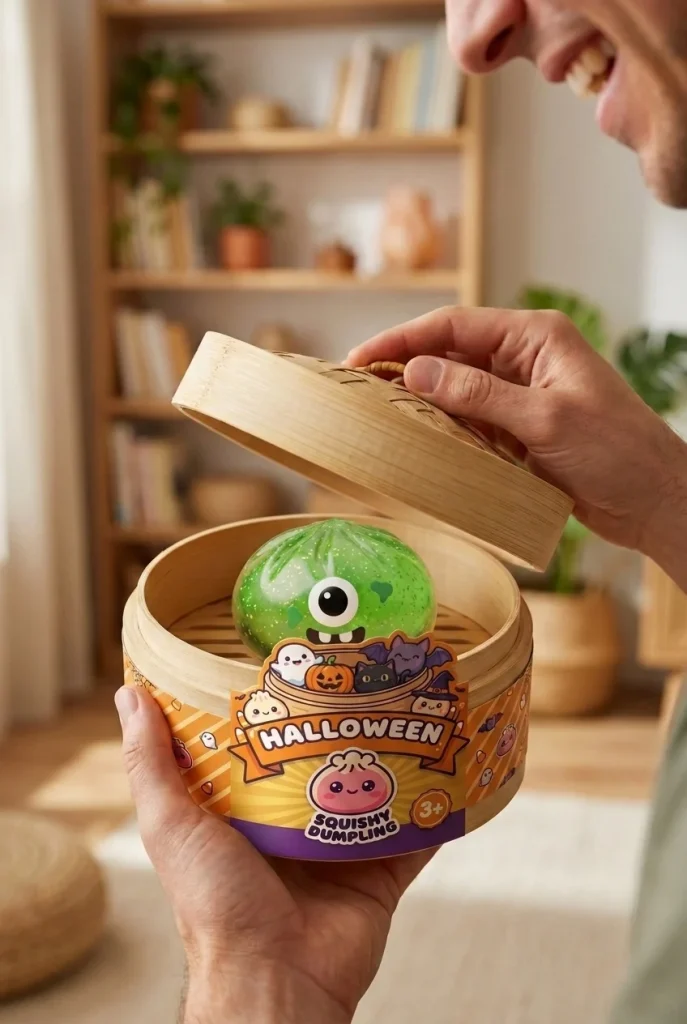 Squishy Dumpling Monster Halloween Grön Glitter i unboxing-ögonblicket