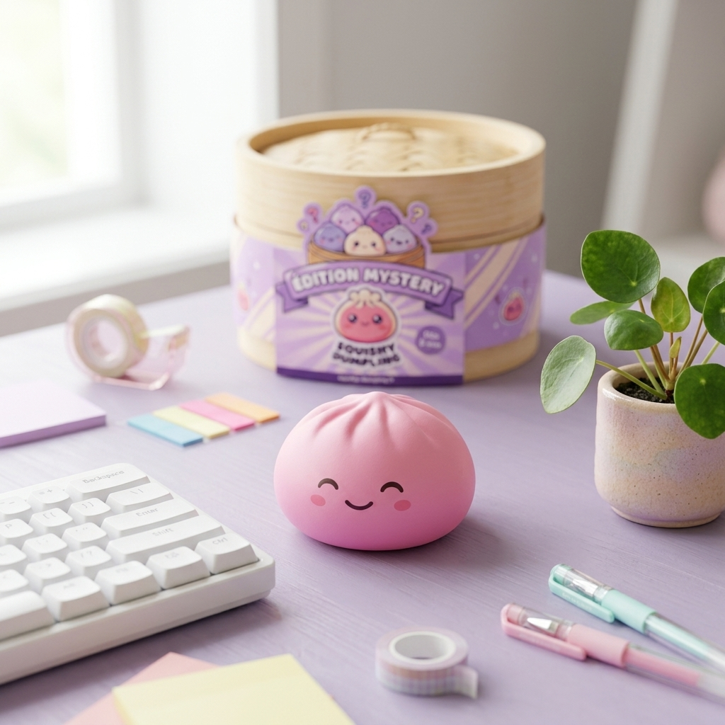 Mystery Dumpling Squishy Bambuskorg i sin kawaii-miljö