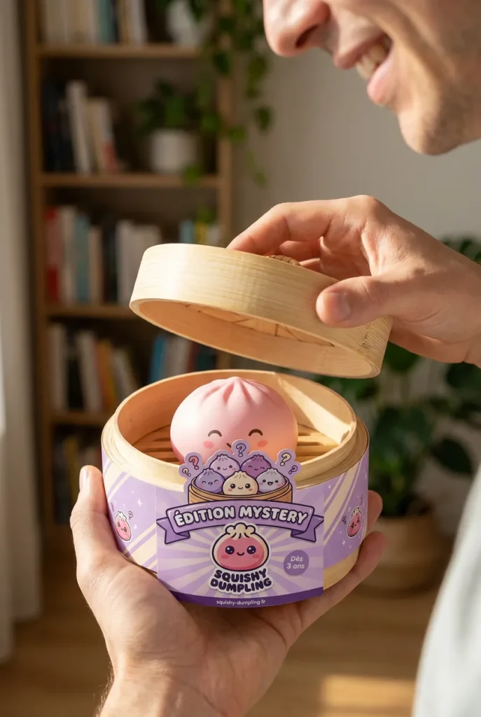Mystery Dumpling Squishy Bambuskorg i unboxing-ögonblicket