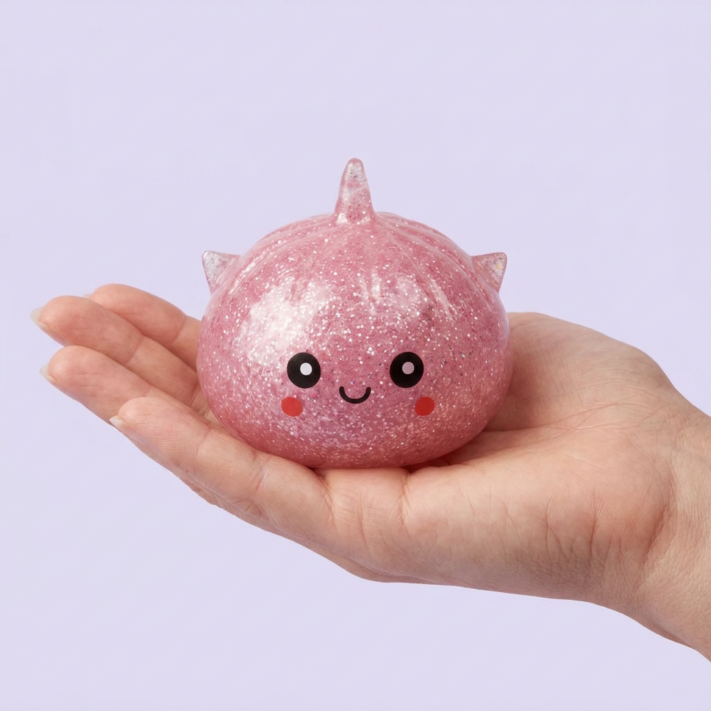 Mystery Dumpling Squishy Glitter Enhörning i handen, verklig storlek