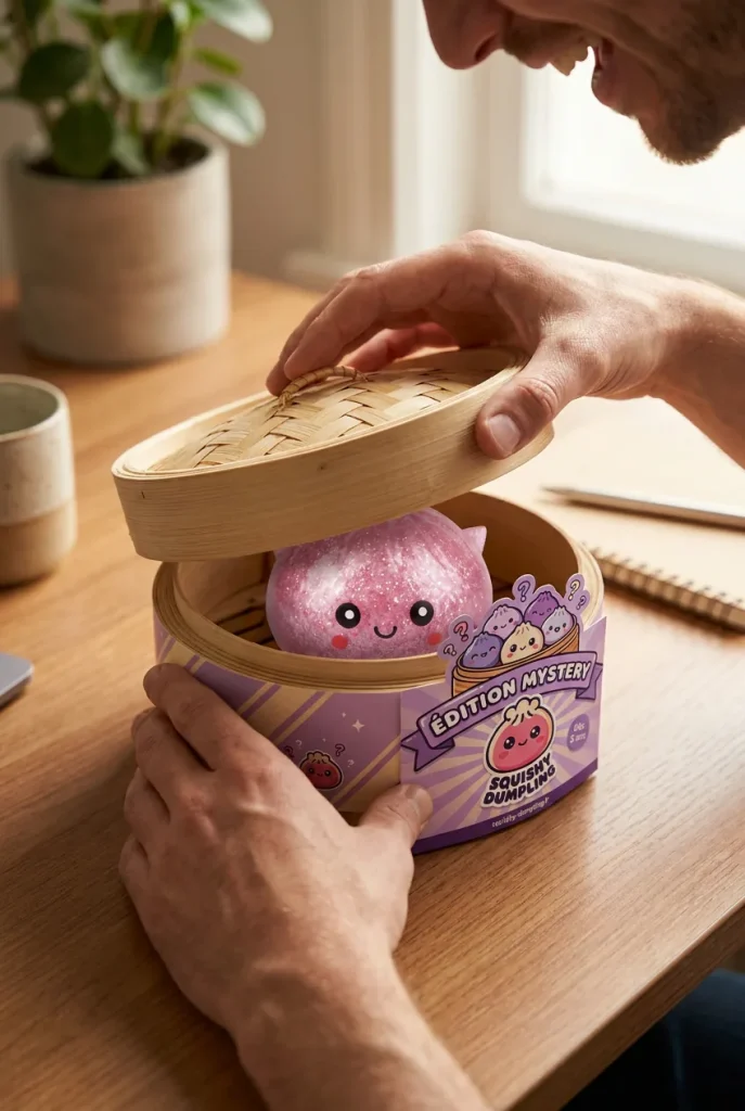 Mystery Dumpling Squishy Glitter Enhörning i unboxing-ögonblicket