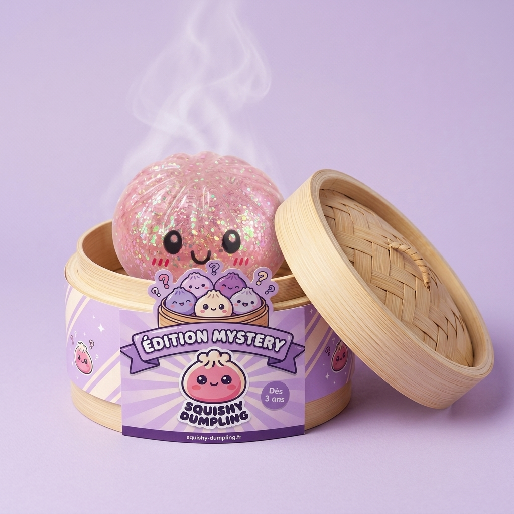 Dumplings Squishy Glitter – Glittrig Mystery-Dumpling i sin bambu-ångkorg