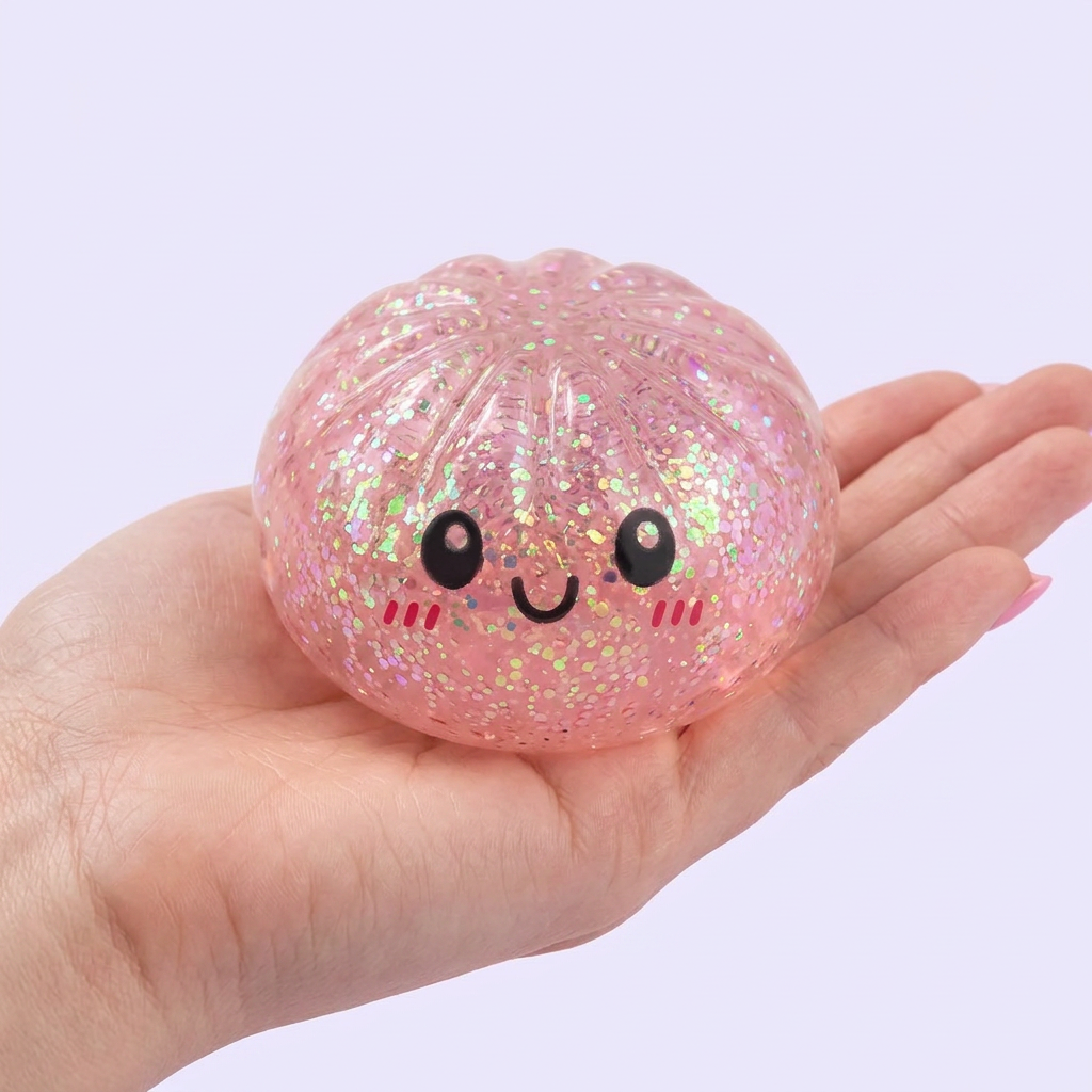 Dumplings Squishy Glitter – Glittrig Mystery-Dumpling i handen, verklig storlek