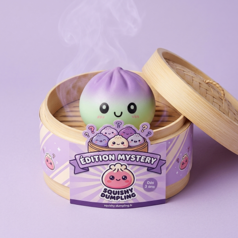 Dumpling Squishy Ombre Mystery Överraskningsask i sin bambu-ångkorg