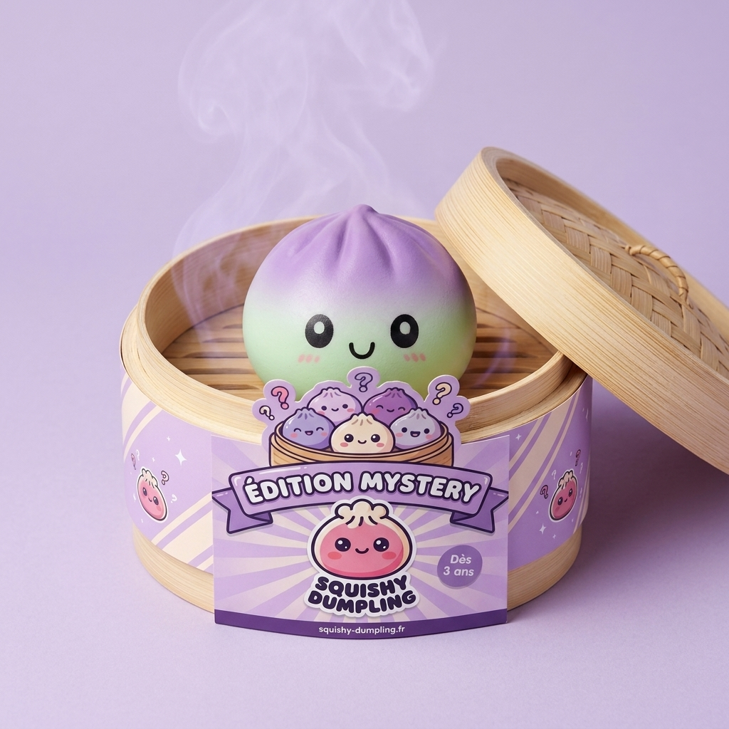 Dumpling Squishy Ombre Mystery Överraskningsask i sin bambu-ångkorg