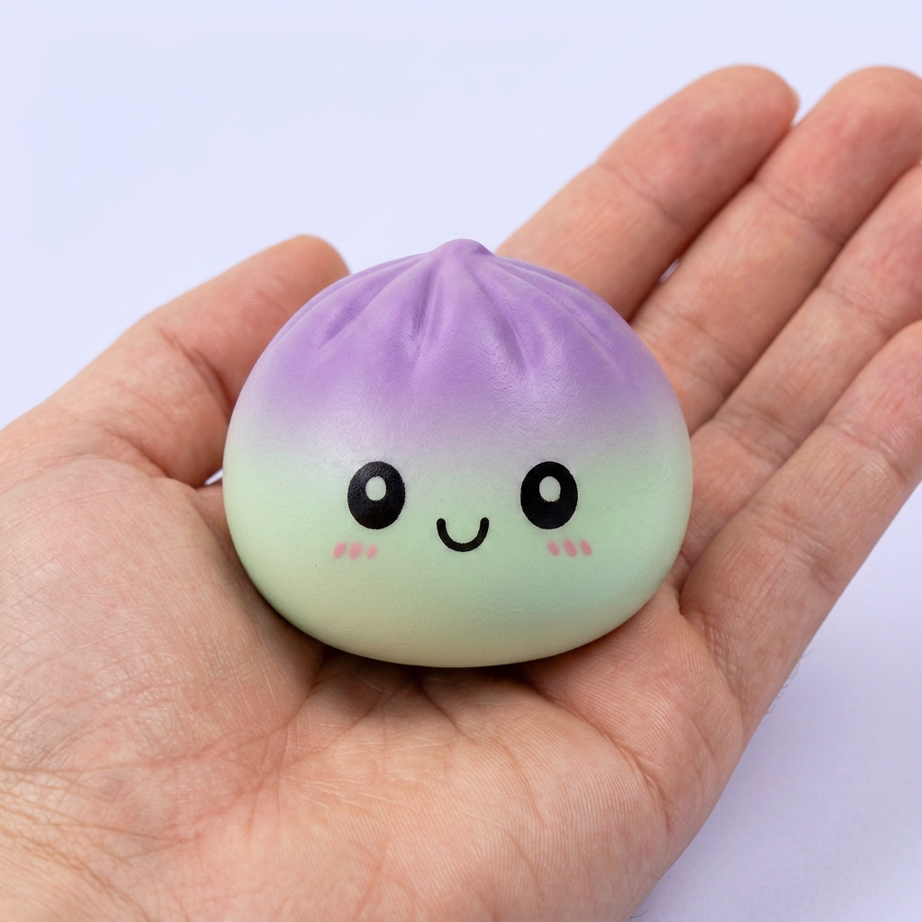 Dumpling Squishy Ombre Mystery Överraskningsask i handen, verklig storlek