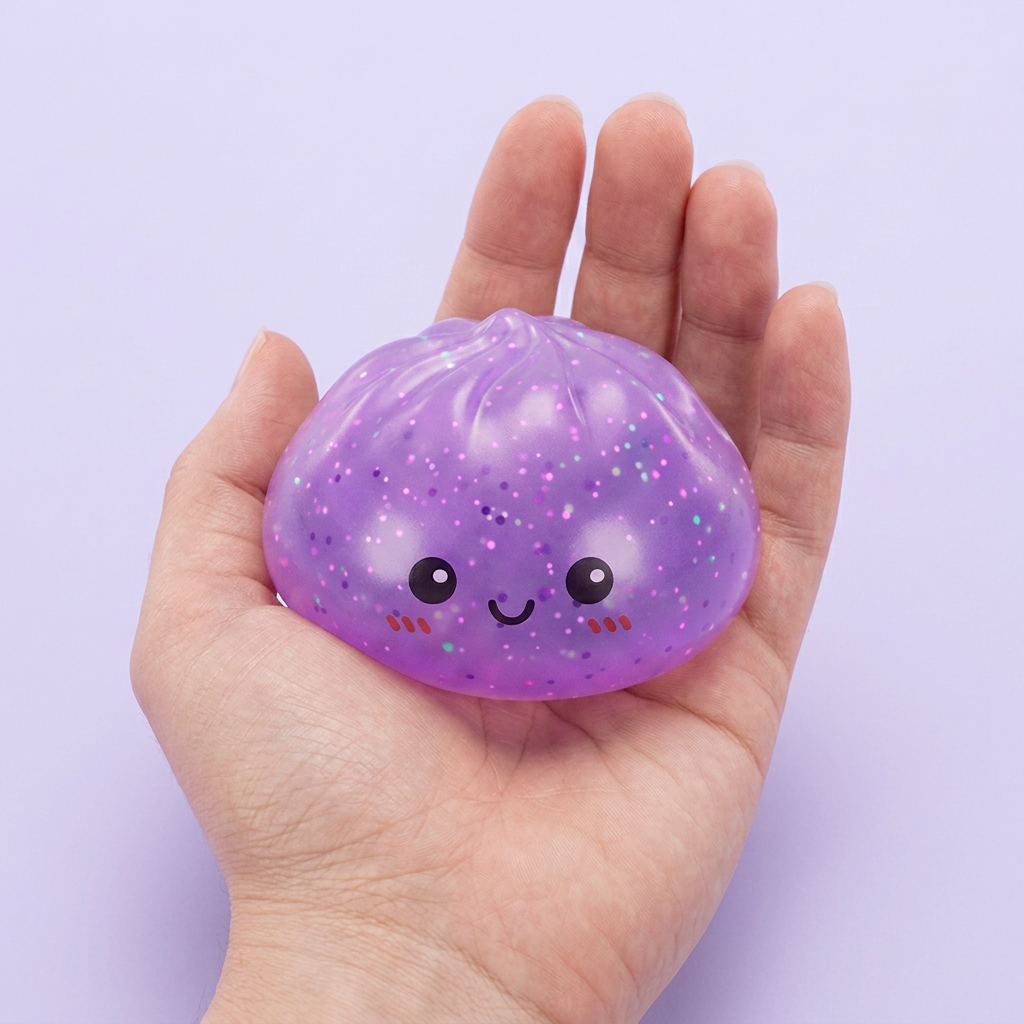 Dumpling Squishy Mystery Glow in the Dark Glitter Nattlampa i handen, verklig storlek