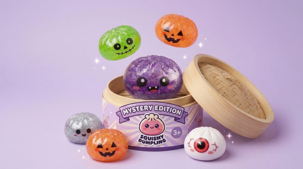 Squishy Dumpling Mystery Halloween Överraskningsbox — i klämmet, mjukt slow-rise-skum