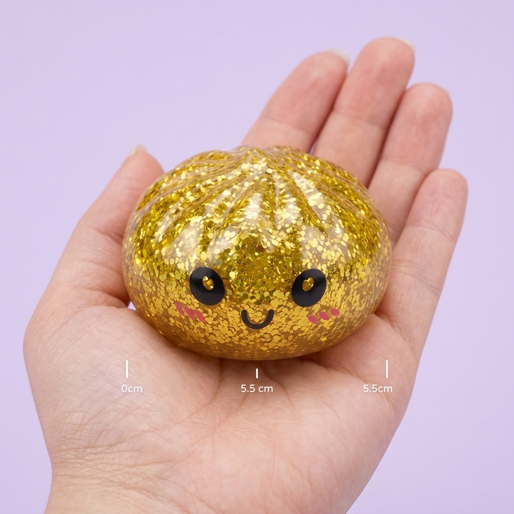 Squishy Dumpling Mystery Glitter Miniset 3-pack i handen, verklig storlek