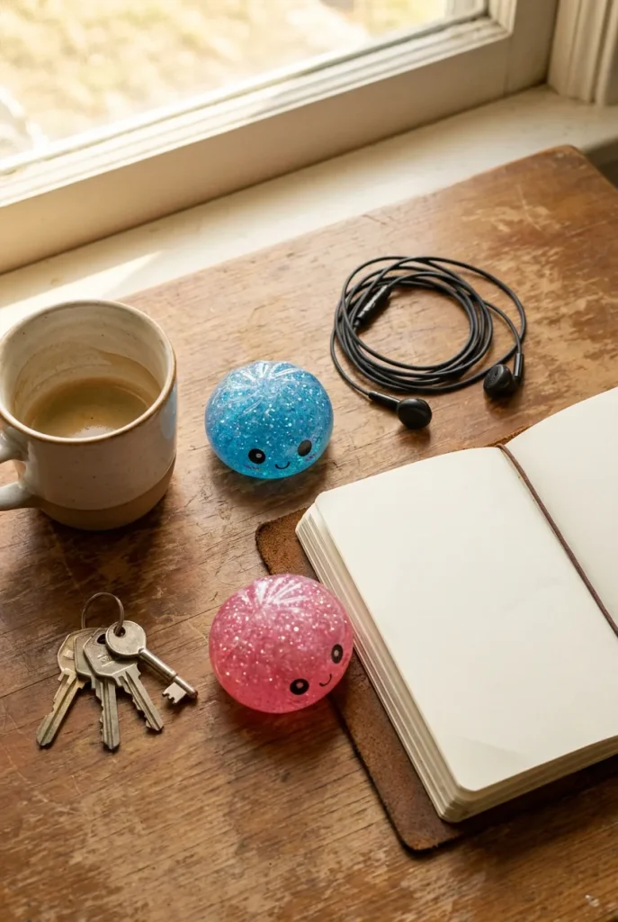 Squishy Dumpling Mystery Glitter Miniset 3-pack på skrivbordet