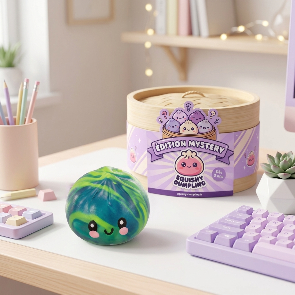Dumpling Squishy Mystery Tie Dye Mini i sin kawaii-miljö