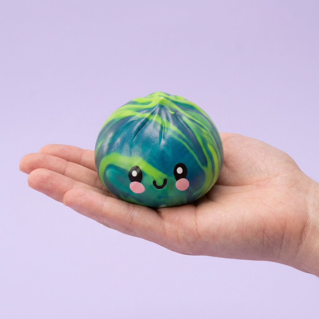 Dumpling Squishy Mystery Tie Dye Mini i handen, verklig storlek