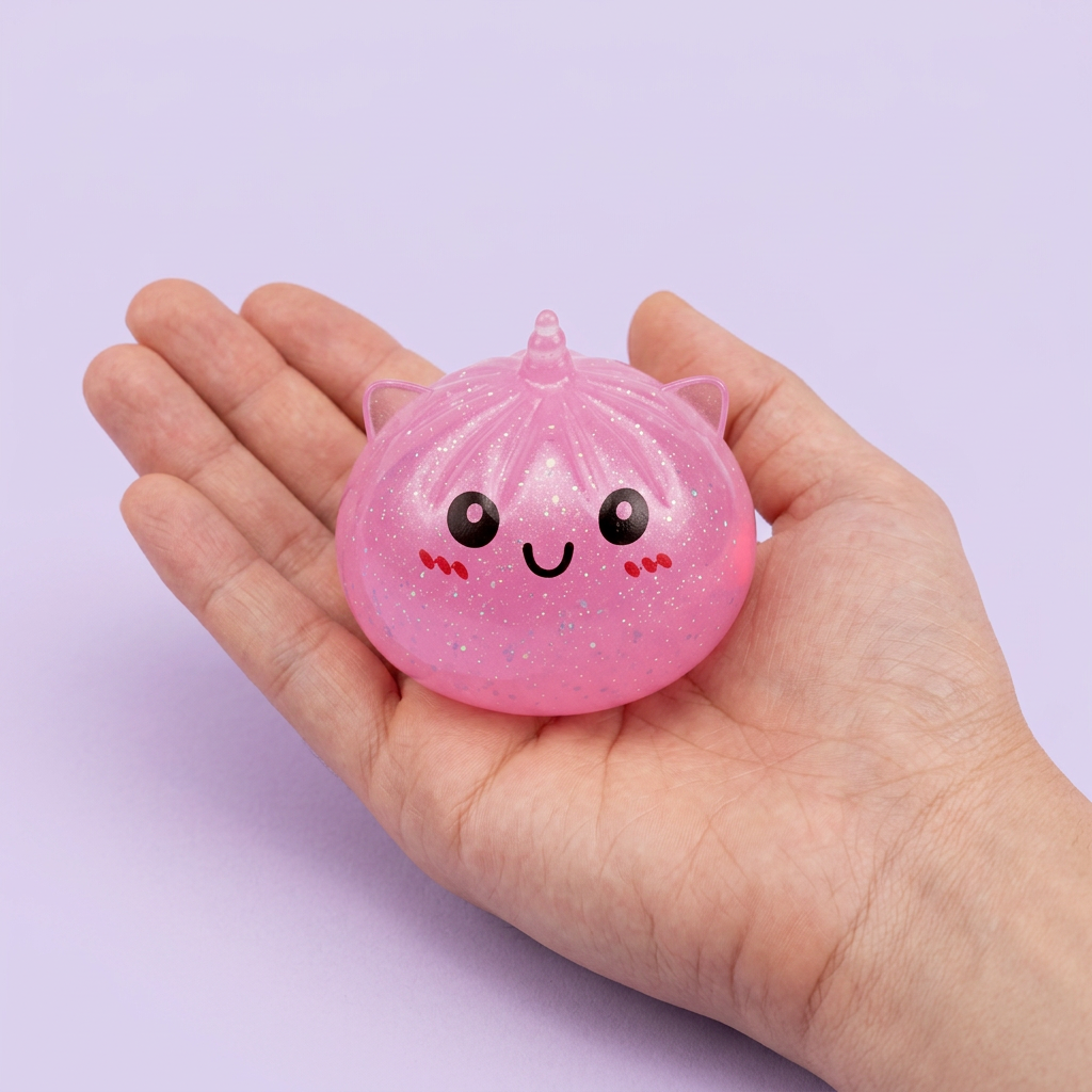 Dumpling Squishy Mystery Unicorn Mini i handen, verklig storlek