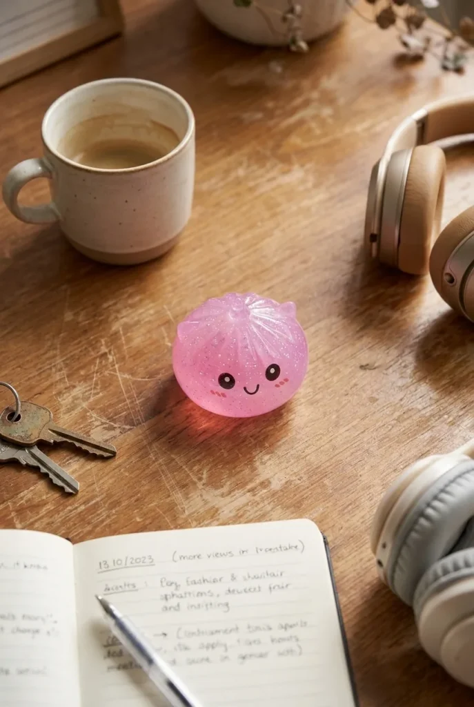 Dumpling Squishy Mystery Unicorn Mini på skrivbordet
