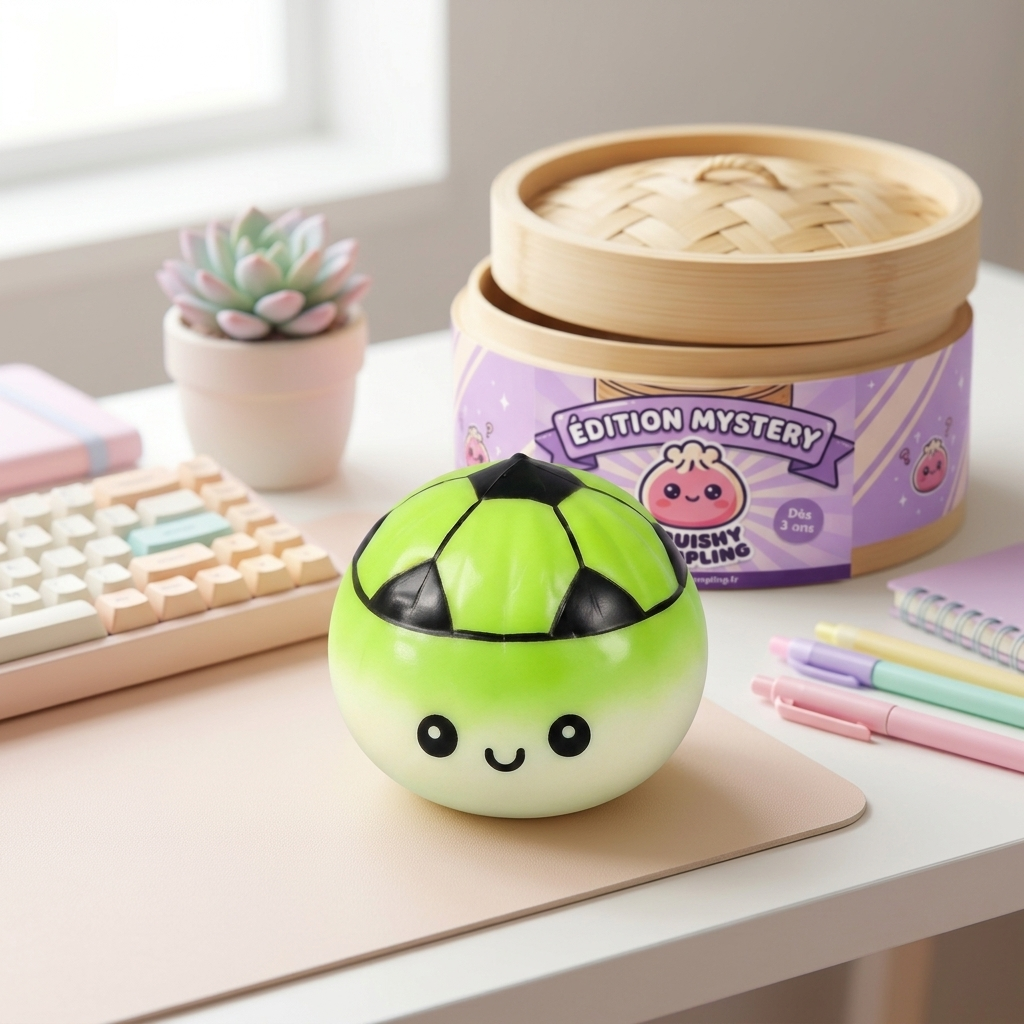 Mystery Dumpling Squishy Fotboll i sin kawaii-miljö