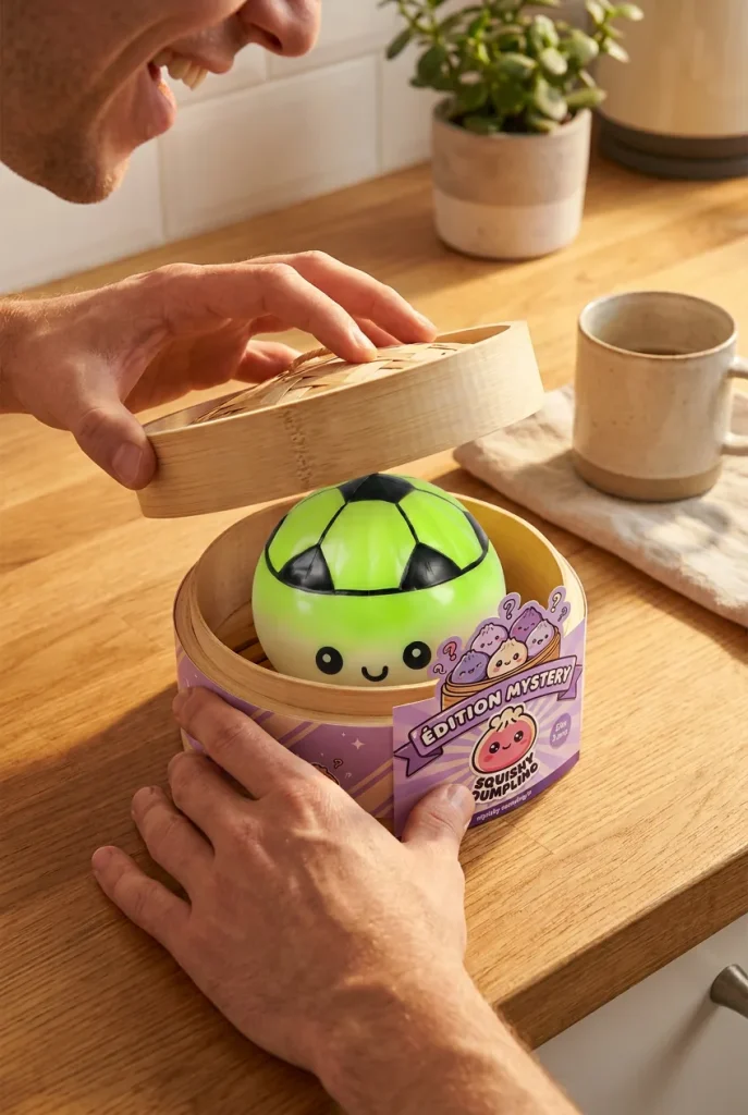 Mystery Dumpling Squishy Fotboll i unboxing-ögonblicket
