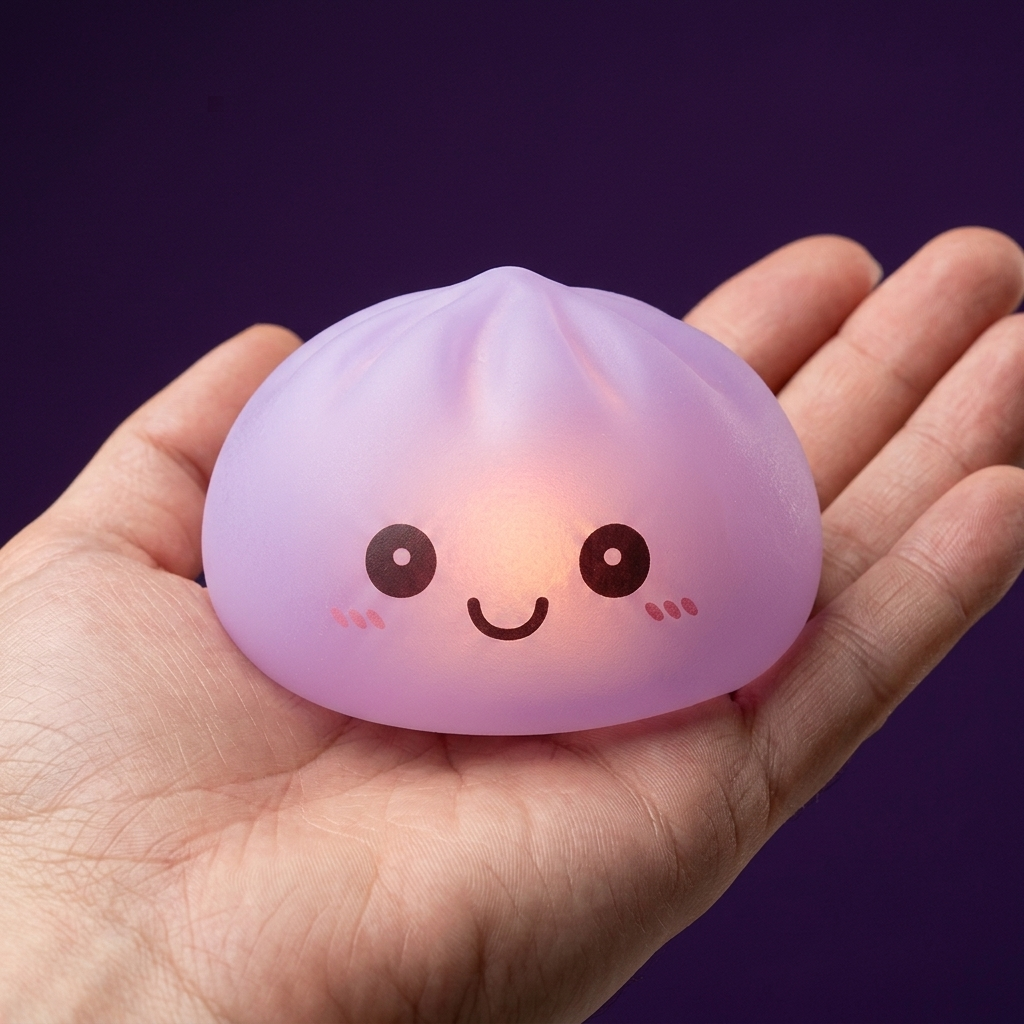 Mystery Squishy Dumpling Nattlampa i handen, verklig storlek