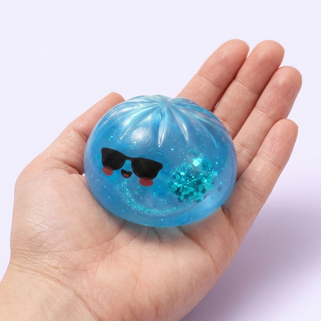 Mystery Dumpling Squishy Sommaredition i handen, verklig storlek