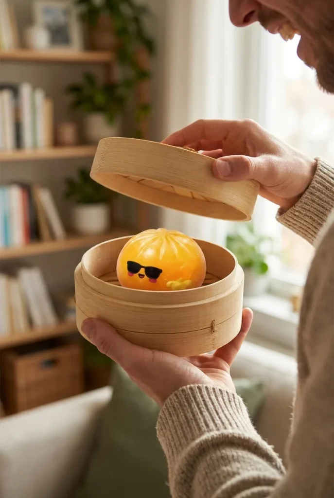 Mystery Dumpling Squishy Solglasögon i unboxing-ögonblicket