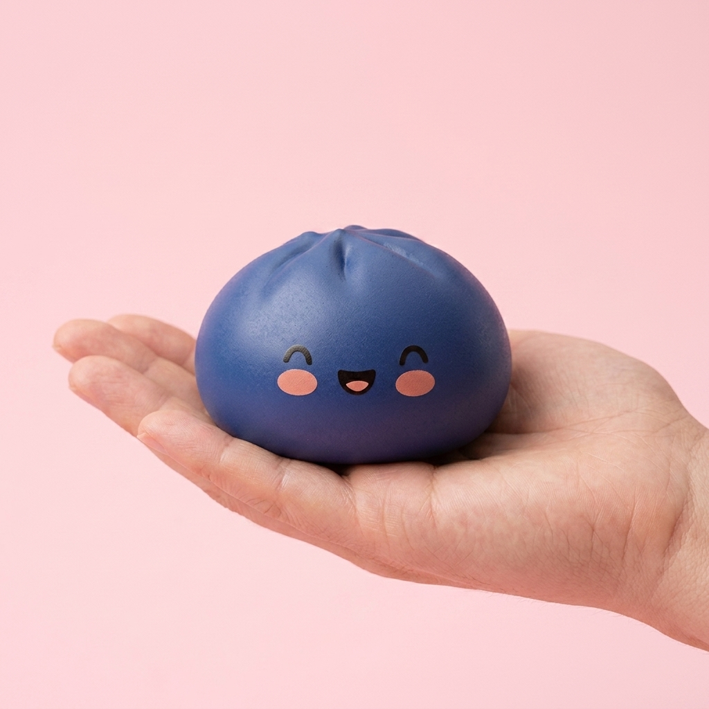 Dumpling Squishy Navy Blue Midnight i handen, verklig storlek