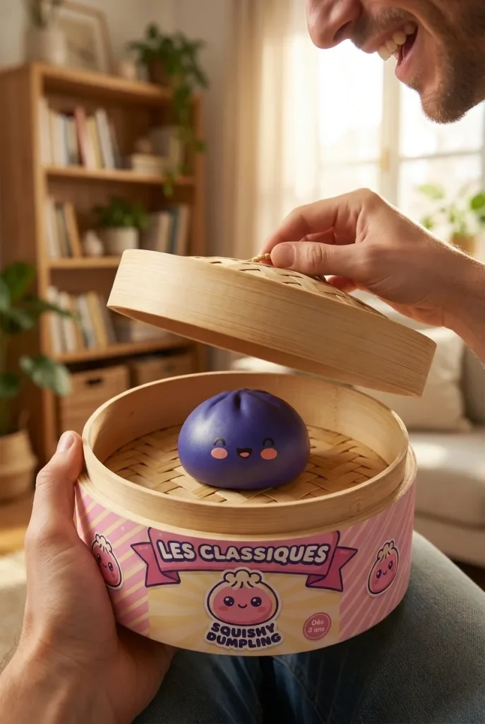 Dumpling Squishy Navy Blue Midnight i unboxing-ögonblicket