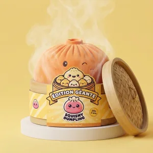 Giant Dumpling Squishy Orange – Mjuk Plyschdumpling i sin bambu-ångkorg