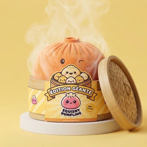 Giant Dumpling Squishy Orange – Mjuk Plyschdumpling i sin bambu-ångkorg