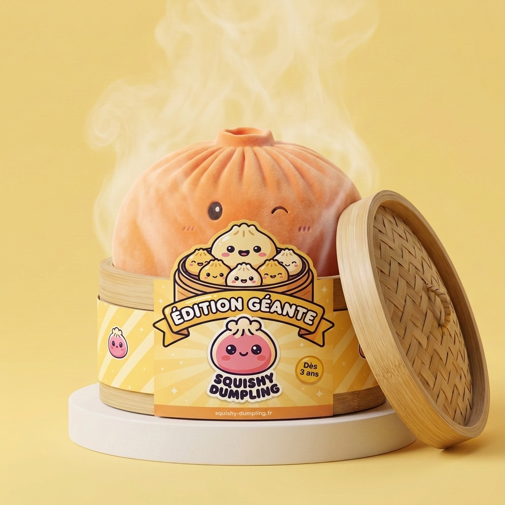 Giant Dumpling Squishy Orange – Mjuk Plyschdumpling i sin bambu-ångkorg