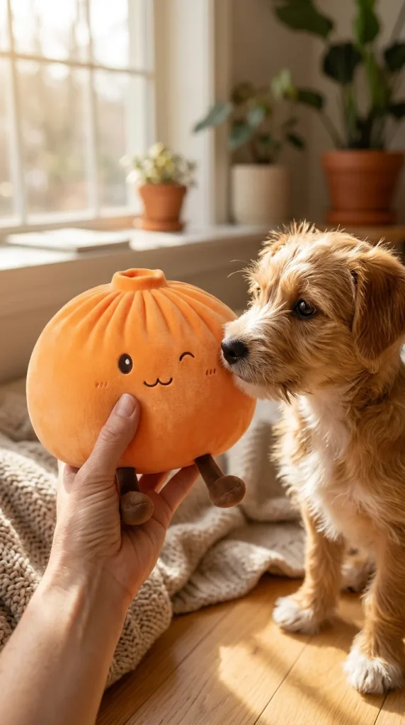 Giant Dumpling Squishy Orange – Mjuk Plyschdumpling med en gosedjursvän