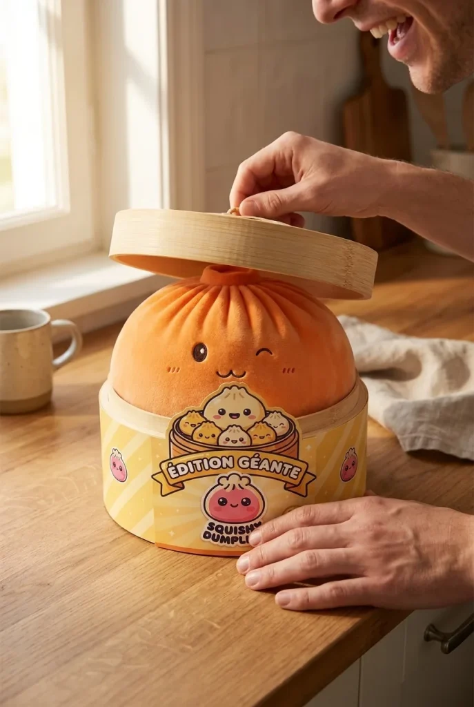 Giant Dumpling Squishy Orange – Mjuk Plyschdumpling i unboxing-ögonblicket