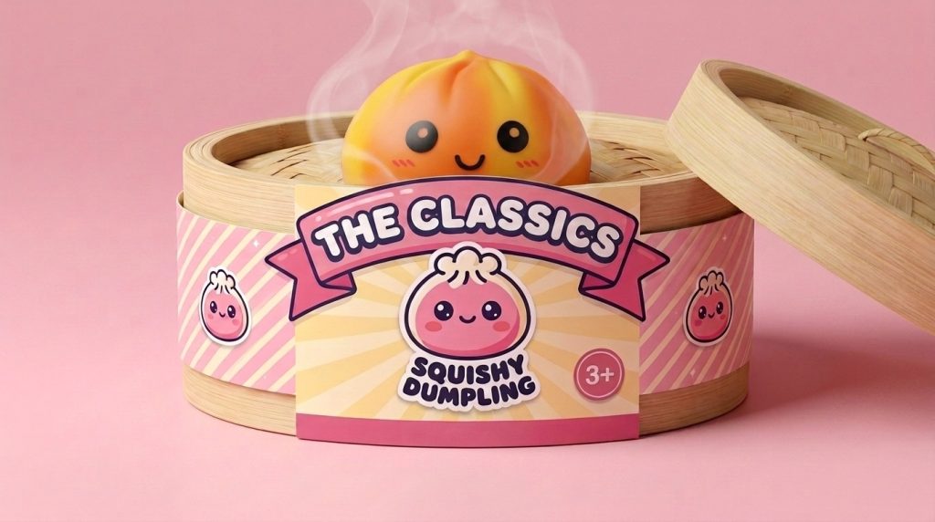 Squishy Dumpling Tie Dye Orange – Marmorerad Antistress i sin bambu-ångkorg