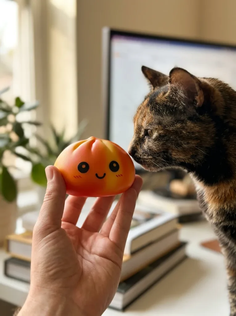 Squishy Dumpling Tie Dye Orange – Marmorerad Antistress med en gosedjursvän