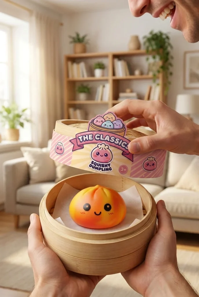 Squishy Dumpling Tie Dye Orange – Marmorerad Antistress i unboxing-ögonblicket
