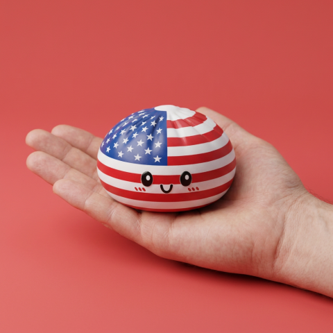 Squishy Dumpling USA Flagg-Squishy i handen, verklig storlek