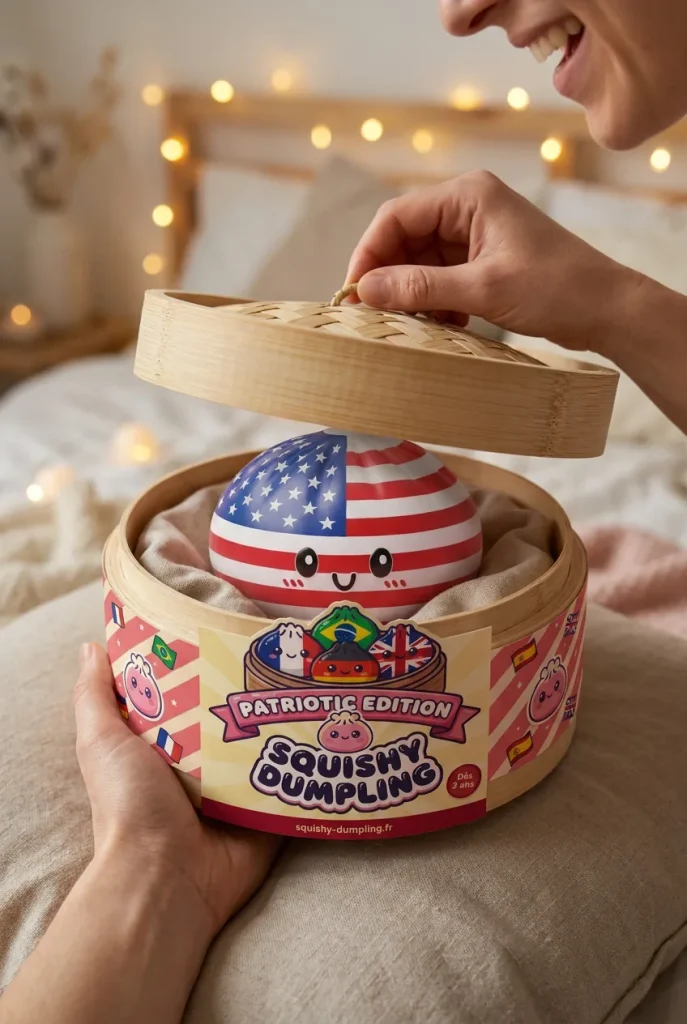 Squishy Dumpling USA Flagg-Squishy i unboxing-ögonblicket