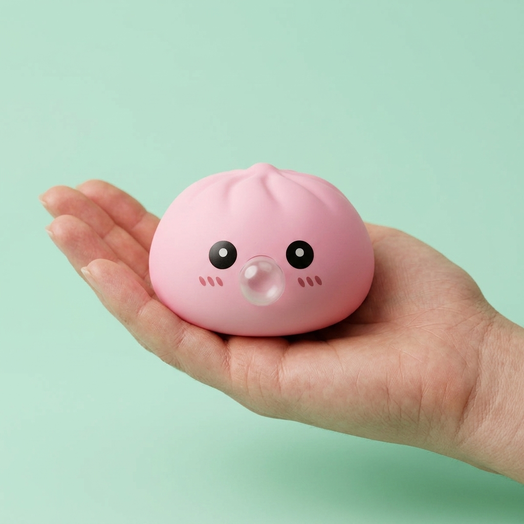 Puffig Rosa Dumpling Squishy Mjuk i handen, verklig storlek