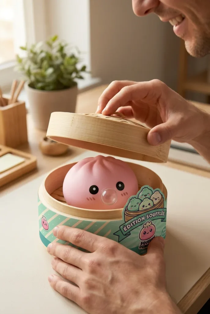 Puffig Rosa Dumpling Squishy Mjuk i unboxing-ögonblicket