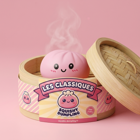 Pink Squishy Dumpling Mjuk Skönhet i sin bambu-ångkorg