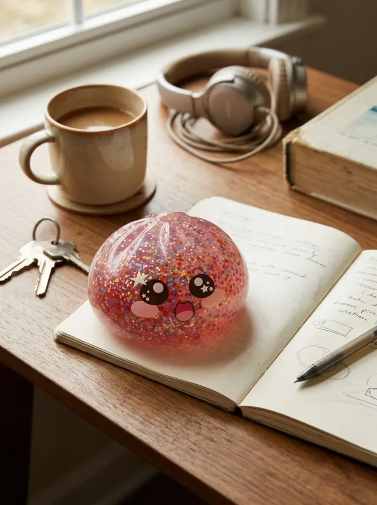 Galaxy Dumpling Squishy Rosa Kawaii på skrivbordet